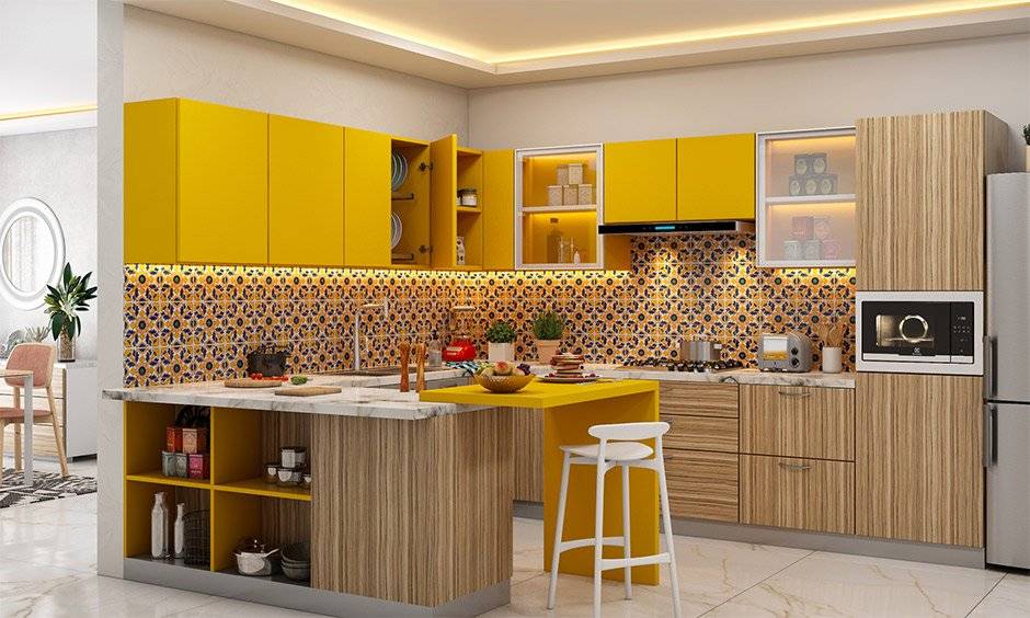G-shaped kitchen layout with peninsula and storage