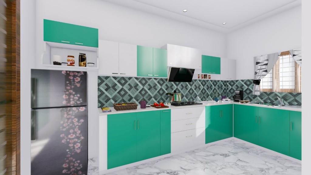L-shaped modular kitchen with breakfast counter